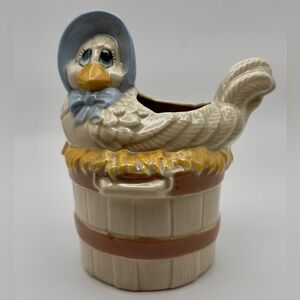 Kimple Ceramic Nesting Hen Chicken Planter W/ Blue Bonnet & Bow on Bushel Basket